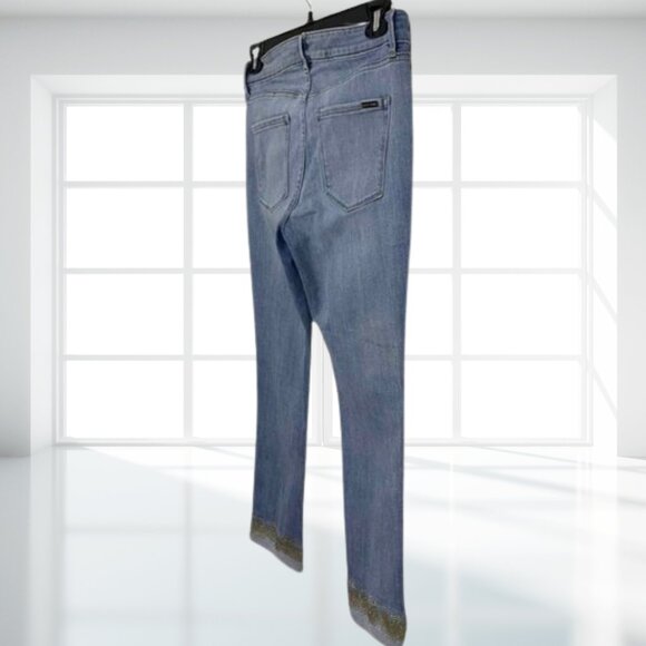 WHBM Mid-Rise Soft Slim Crop Jeans Size 8 Bronze Gold Metallic Cuff Denim - Picture 4 of 12
